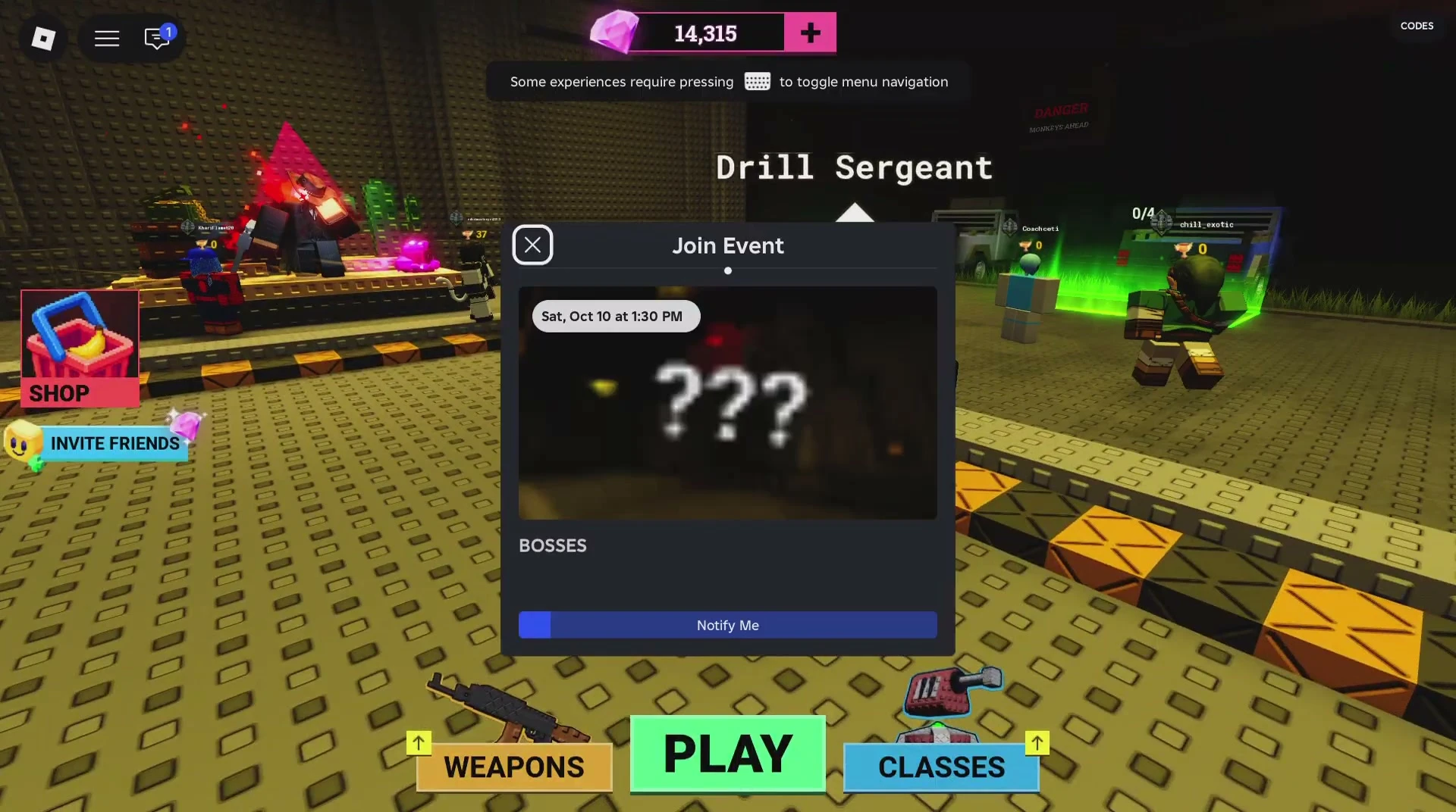 BOSSES event panel in the recorded lobby